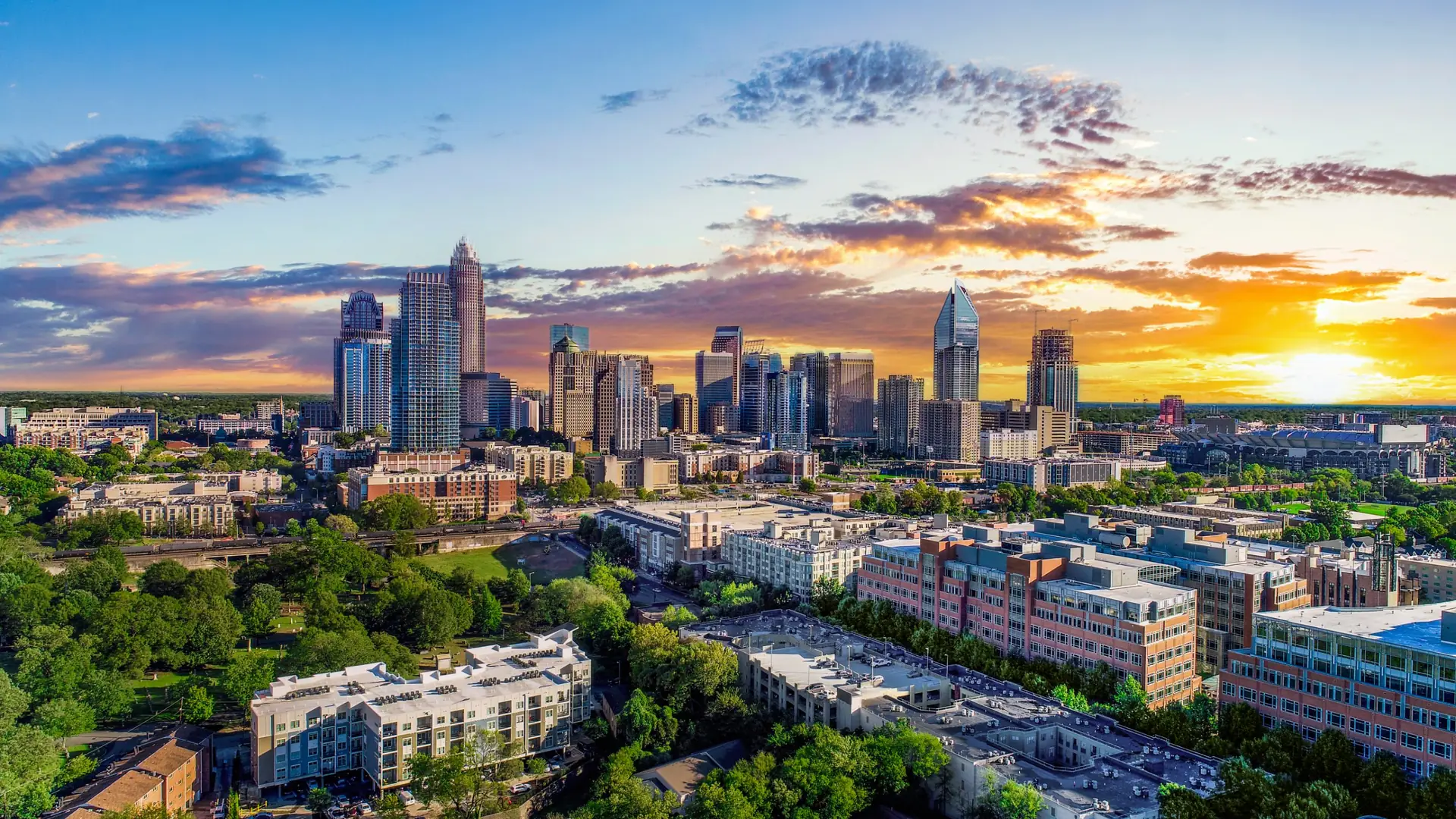Uptown Charlotte skyline at sunset